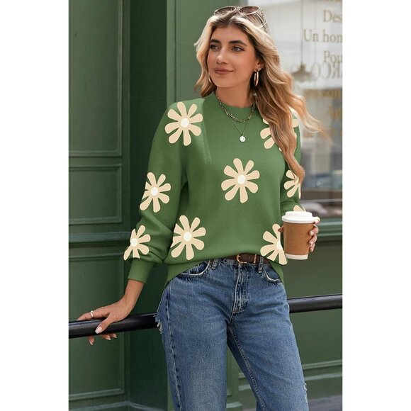 Zeagoo Women's Green-flower Long Sleeve Pullover Ribbed Knitted Pattern Sweater - Picture 2 of 6